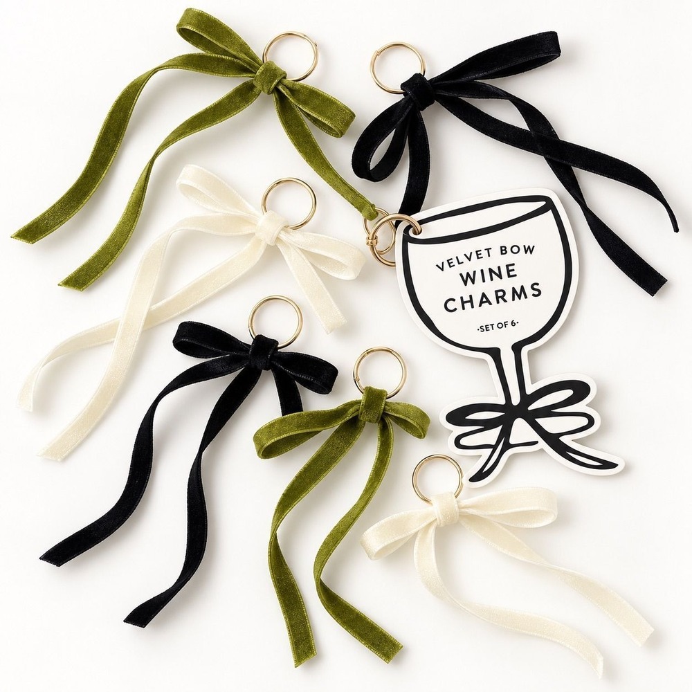 Anthropologie Velvet Bow Wine Charms Set of 6 Green Black Cream NWT $16 MSRP